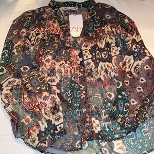 NWT Zara Tribal Style Mock Collar Long Sleeve Blouse size small